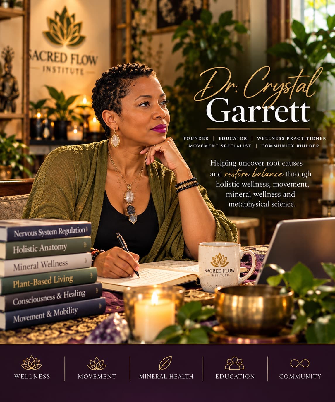 Dr. Crystal Garrett: founder, educator, wellness practitioner, movement specialist and community builder, writing at her desk at Sacred Flow Institute. Wellness, movement, mineral health, education and community.