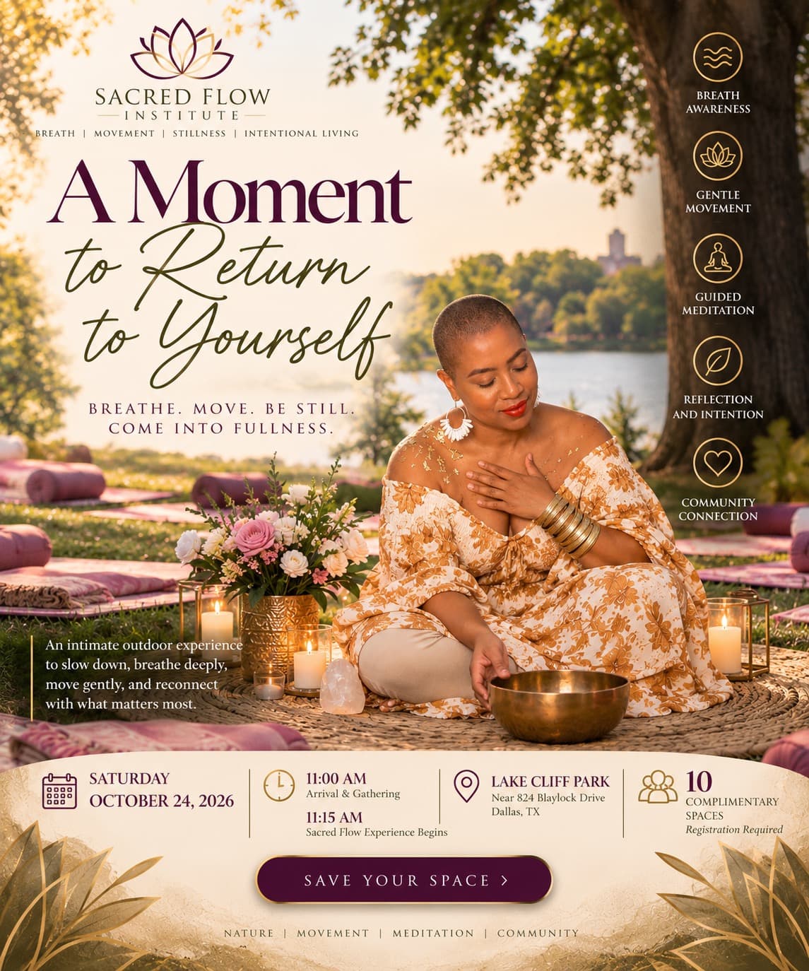 A Moment to Return to Yourself. Dr. Crystal Garrett seated by the lake with a hand on her heart and a singing bowl before her. Breathe. Move. Be still. Come into fullness. Saturday, October 24, 2026, Lake Cliff Park, Dallas.