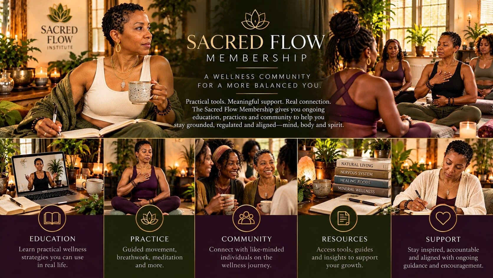 Sacred Flow Membership: a wellness community. Education, practice, community, resources and support.