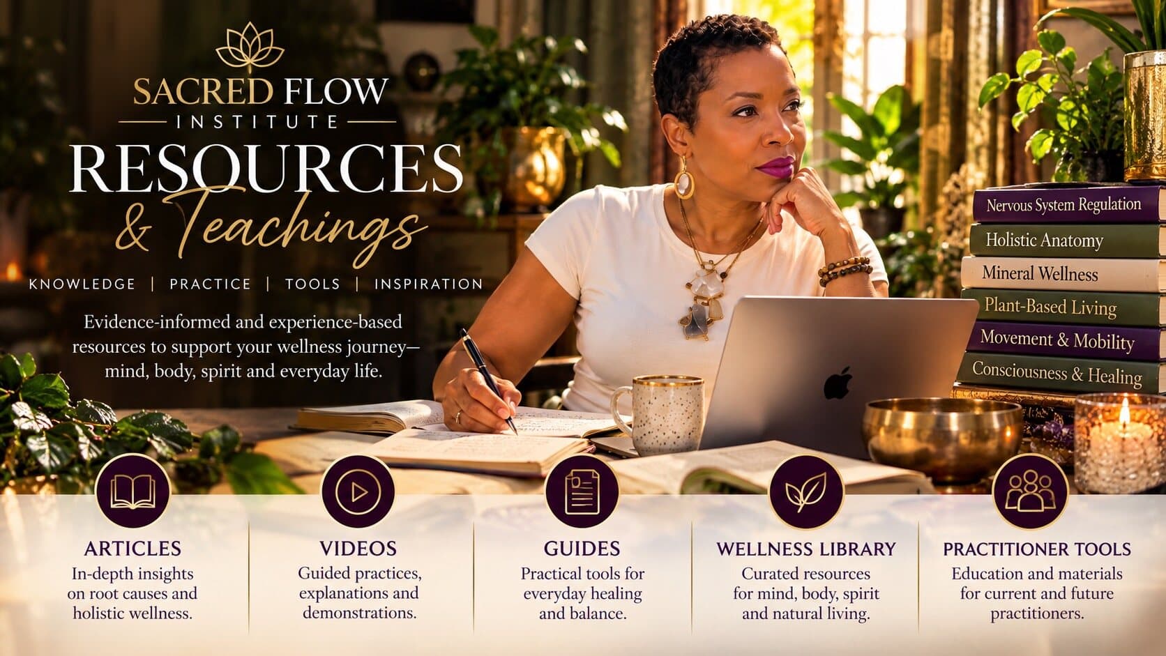 Sacred Flow Institute Resources and Teachings: articles, videos, guides, a wellness library and practitioner tools, with Dr. Crystal writing at her desk.