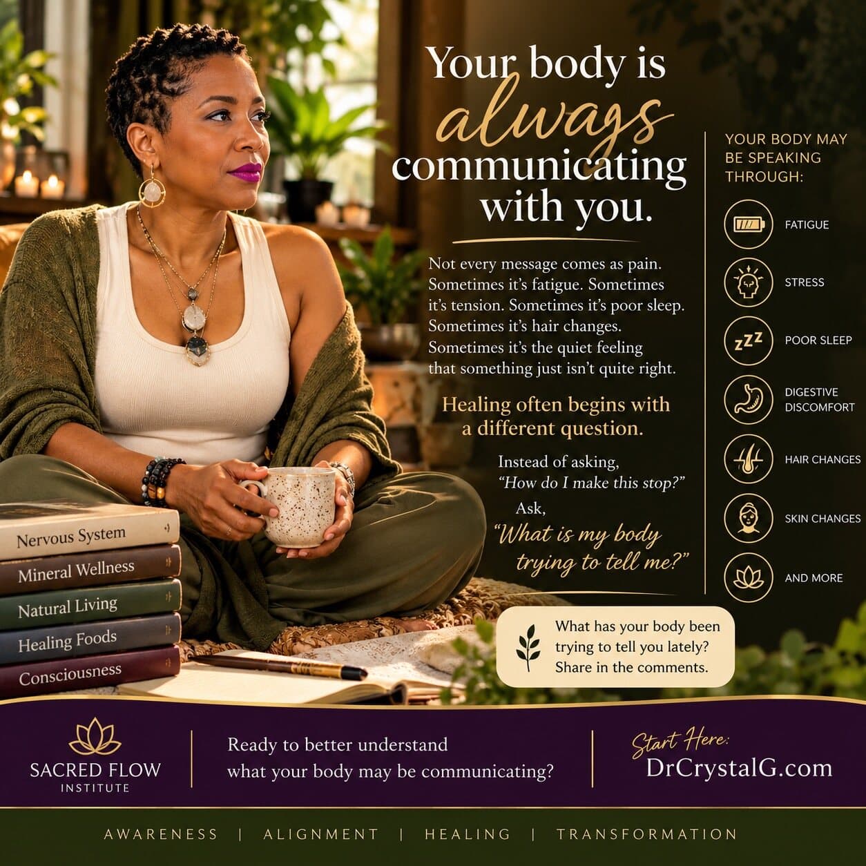 Your body is always communicating with you. Dr. Crystal with a cup of tea. Start Here at DrCrystalG.com.