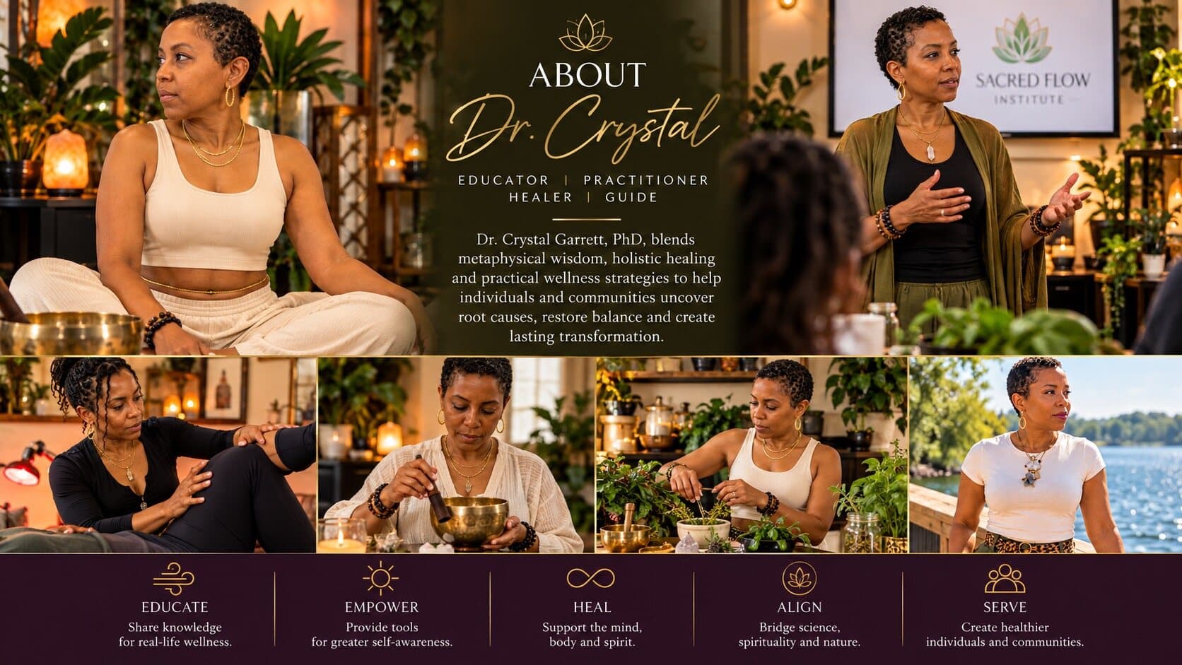 About Dr. Crystal: Dr. Crystal Garrett, PhD, educator and practitioner, shown teaching, in reflective practice, working with a client and outdoors.