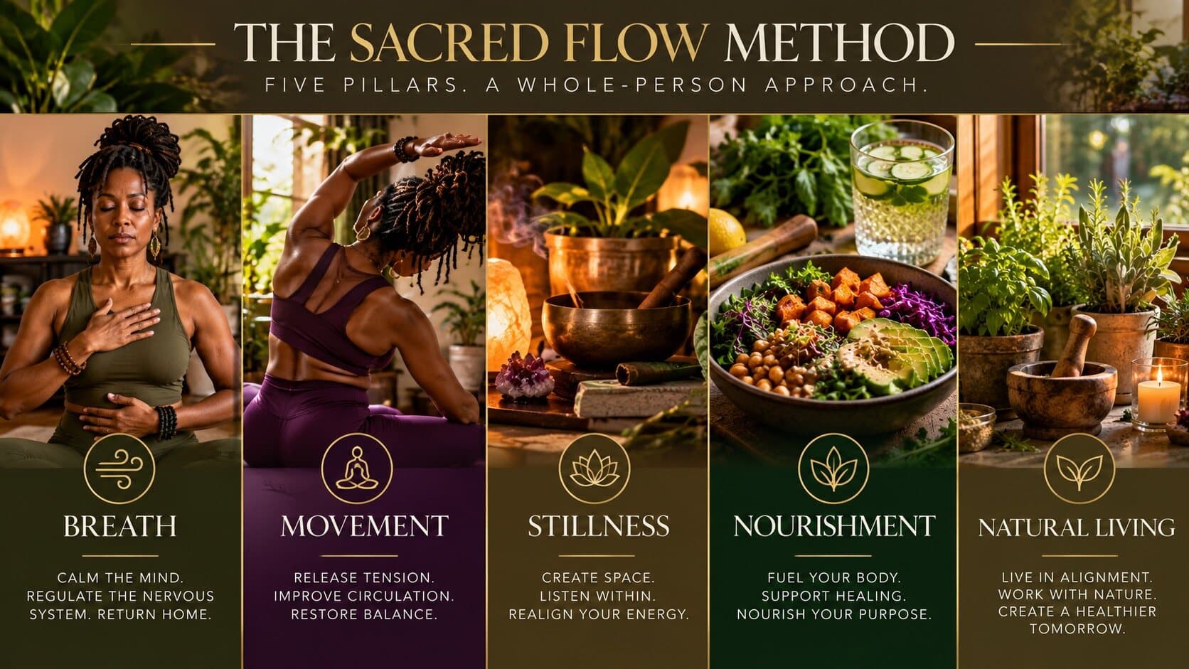The Sacred Flow Method: five pillars, a whole-person approach. Breath, Movement, Stillness, Nourishment and Natural Living.