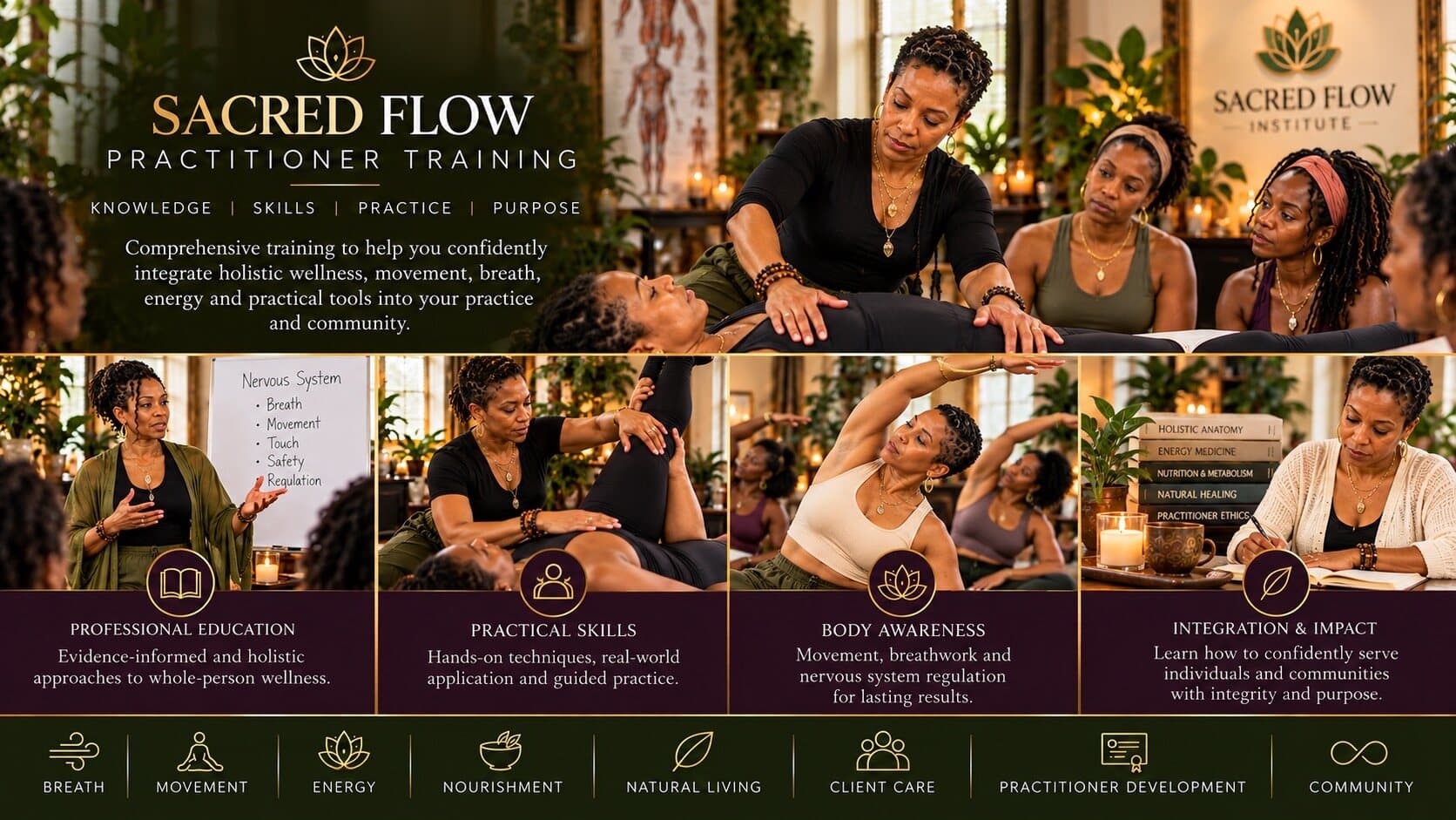 Sacred Flow Practitioner Training: knowledge, skills, practice and purpose. Professional education, practical skills, body awareness, and integration and impact.