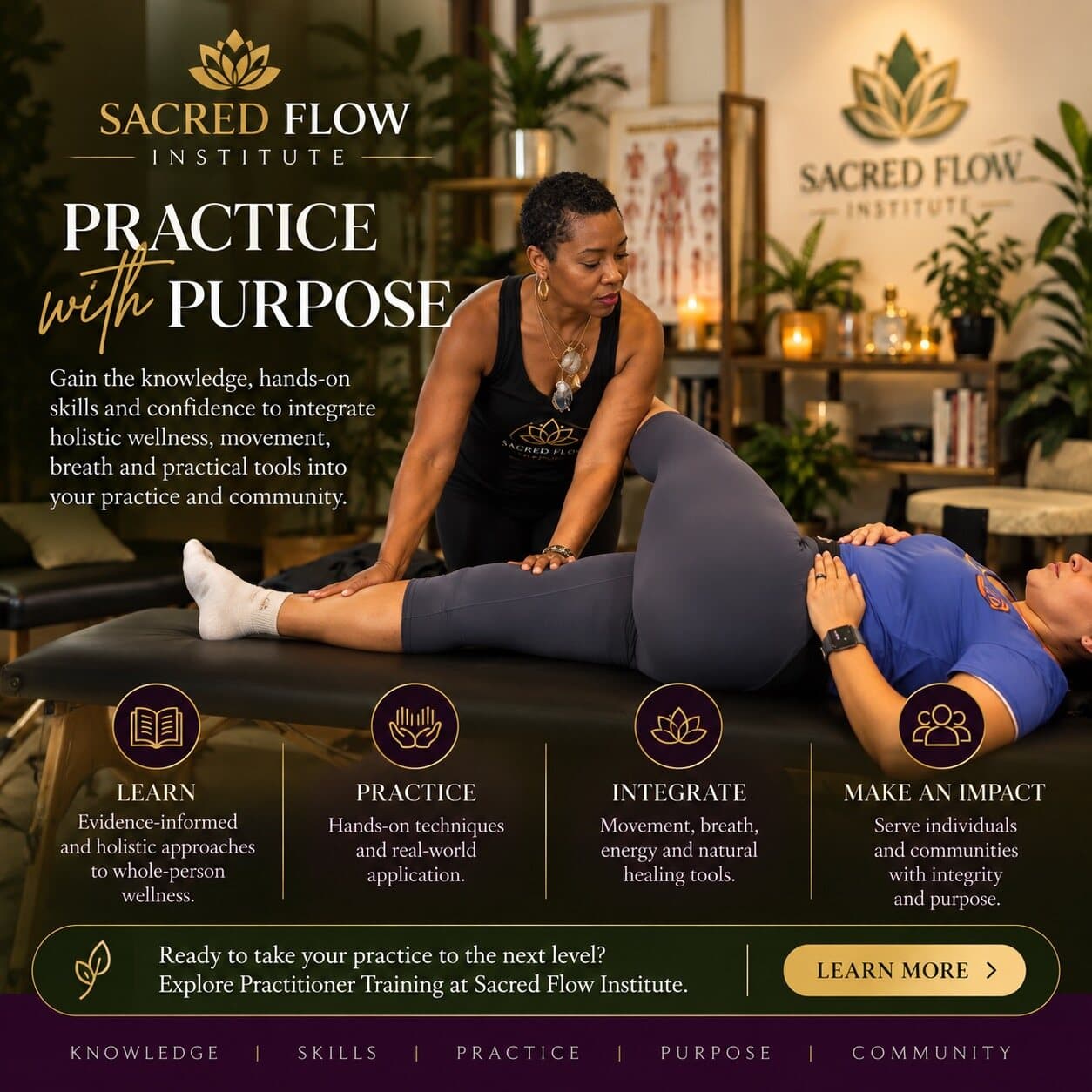 Practice with purpose: Dr. Crystal guiding a hands-on technique. Learn, practice, integrate and make an impact through Practitioner Training.