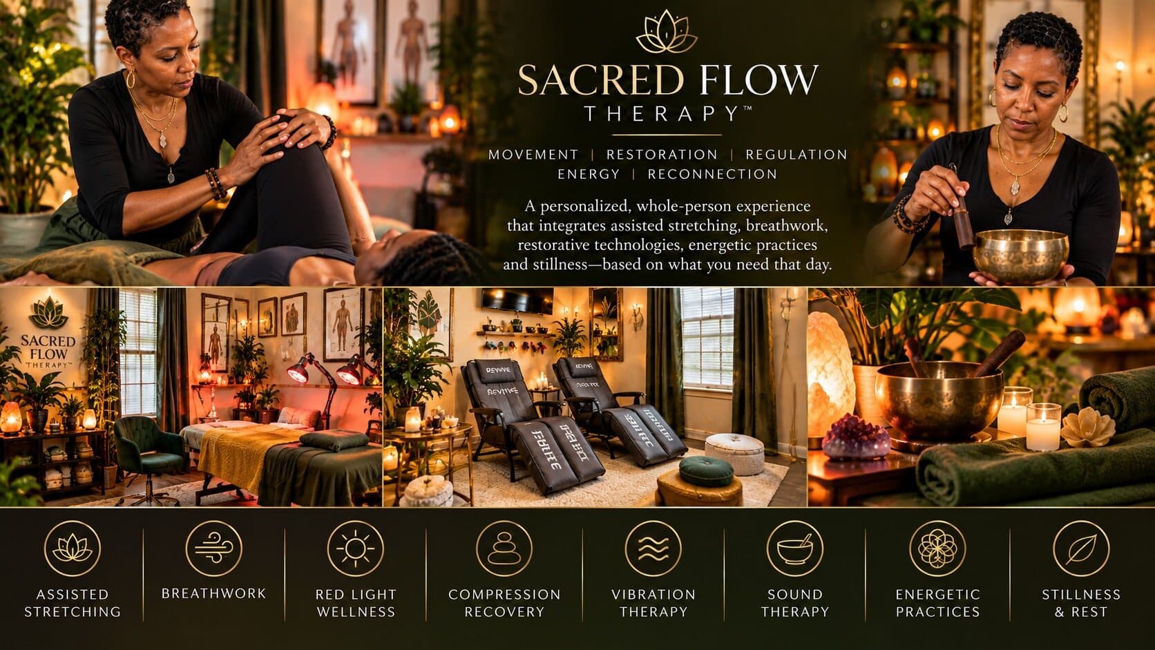 Sacred Flow Therapy: Dr. Crystal guiding an assisted stretch and a singing bowl practice, with the treatment suite, recovery area and restorative details.