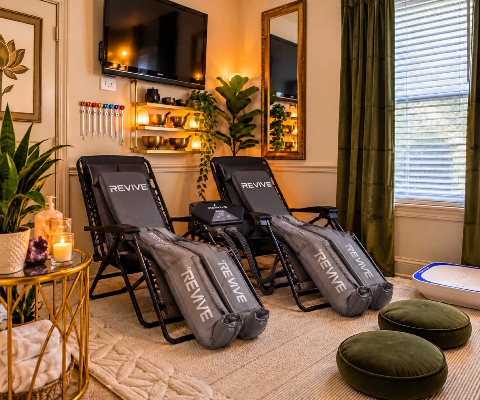 Sacred Flow Wellness Suite recovery area with two REVIVE compression systems, singing bowls, vibration platform and restorative wellness space.