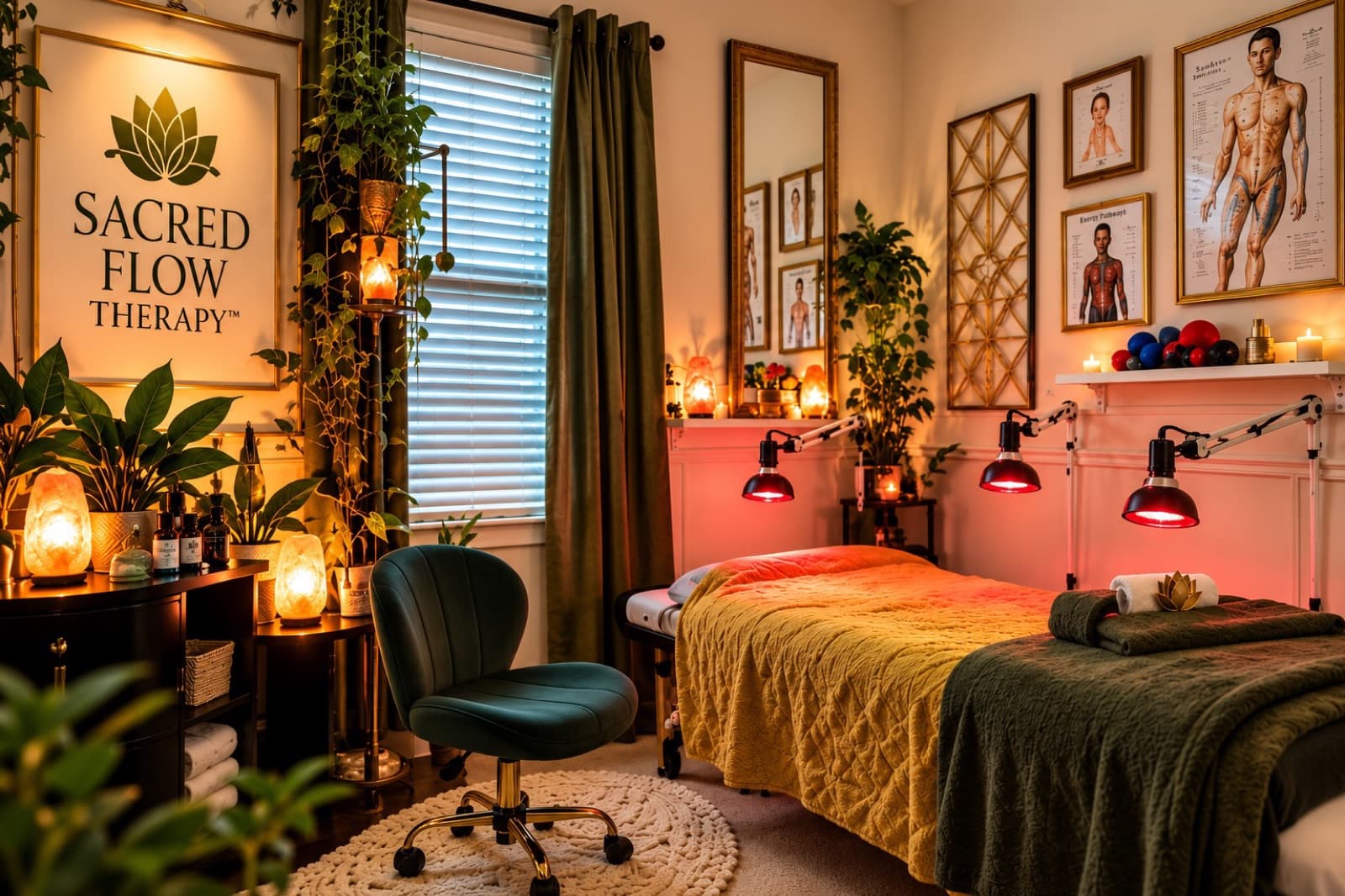 Sacred Flow Wellness Suite treatment area with therapy table, wall-mounted red light wellness equipment and restorative surroundings.